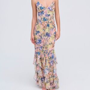 NWT- For Love & Lemons Floral Ruffle Maxi Dress in Pastel Yellow, Blue & Pink